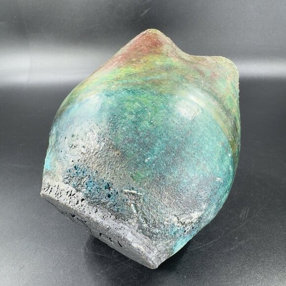 Vintage Raku Studio Art Pottery Vase Bowl Wavy Star Top Green Shiny Glaze Signed - Picture 7 of 14